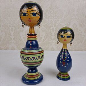 Pair of Egytian Spindle Dolls 1960's Handmade and  Hand Painted Vintage